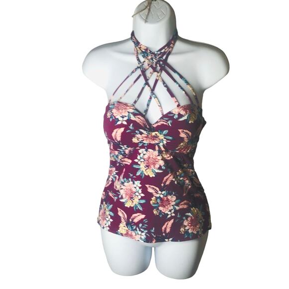 Ambrielle Size Large Burgundy Floral Strappy Bikini Top - Picture 3 of 13